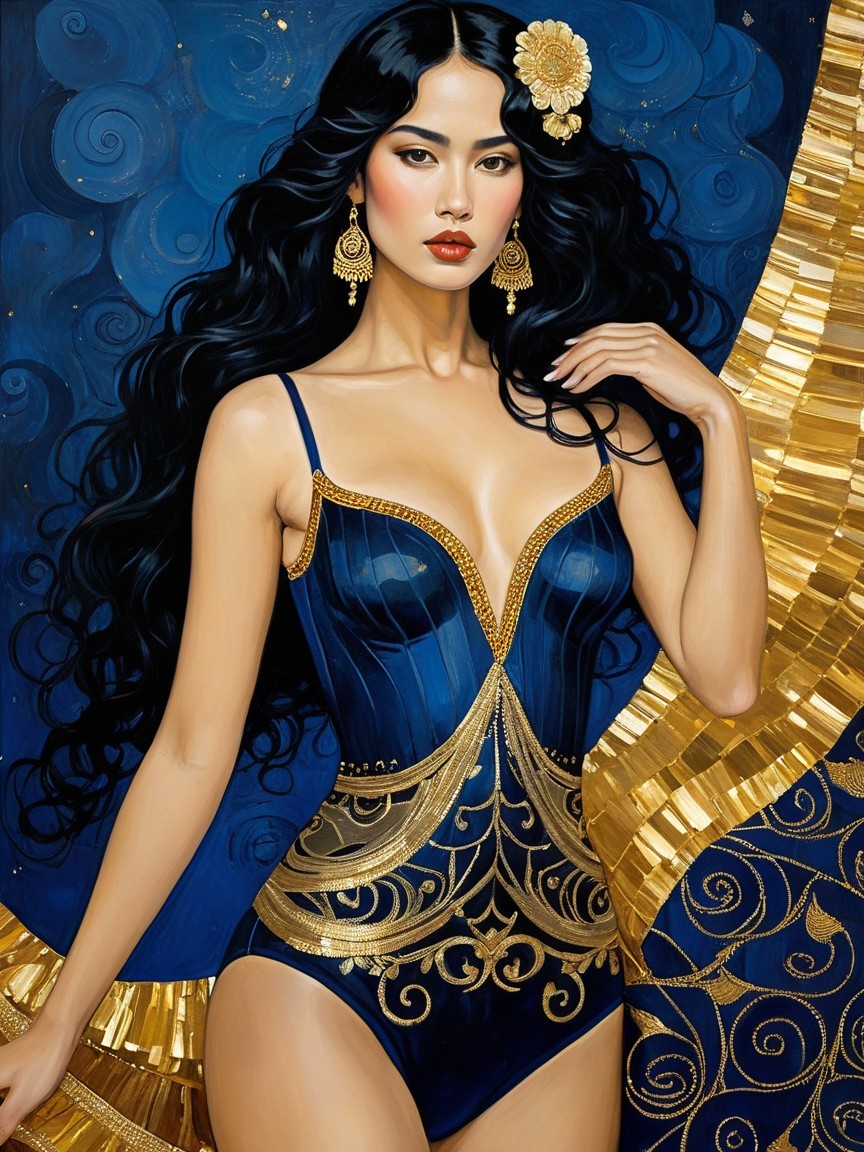 Elegant Woman in Blue Swimsuit with Golden Accents