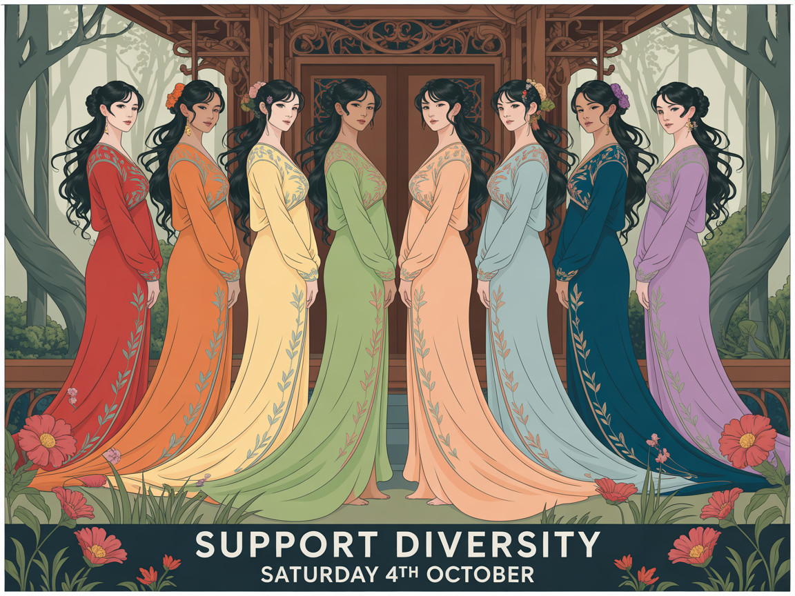 Eight Women in Colorful Gowns in Tranquil Setting
