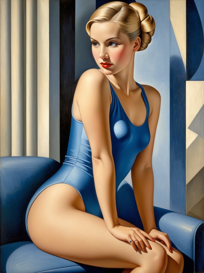 Glamorous Woman in Blue Swimsuit on Chair Artwork