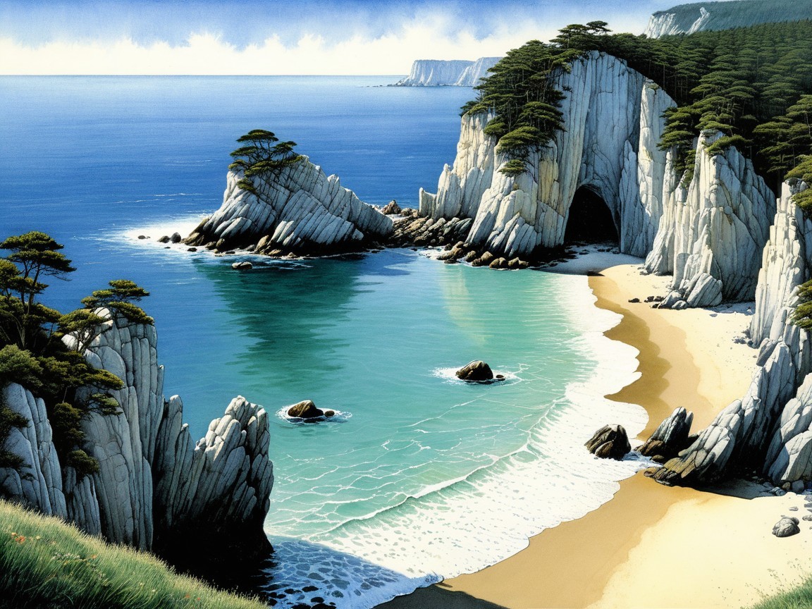 Coastal Scene with Cliffs, Pine Trees, and Turquoise Waters