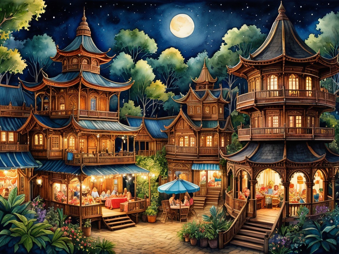 Charming Village Under Starry Night Sky with Moonlight