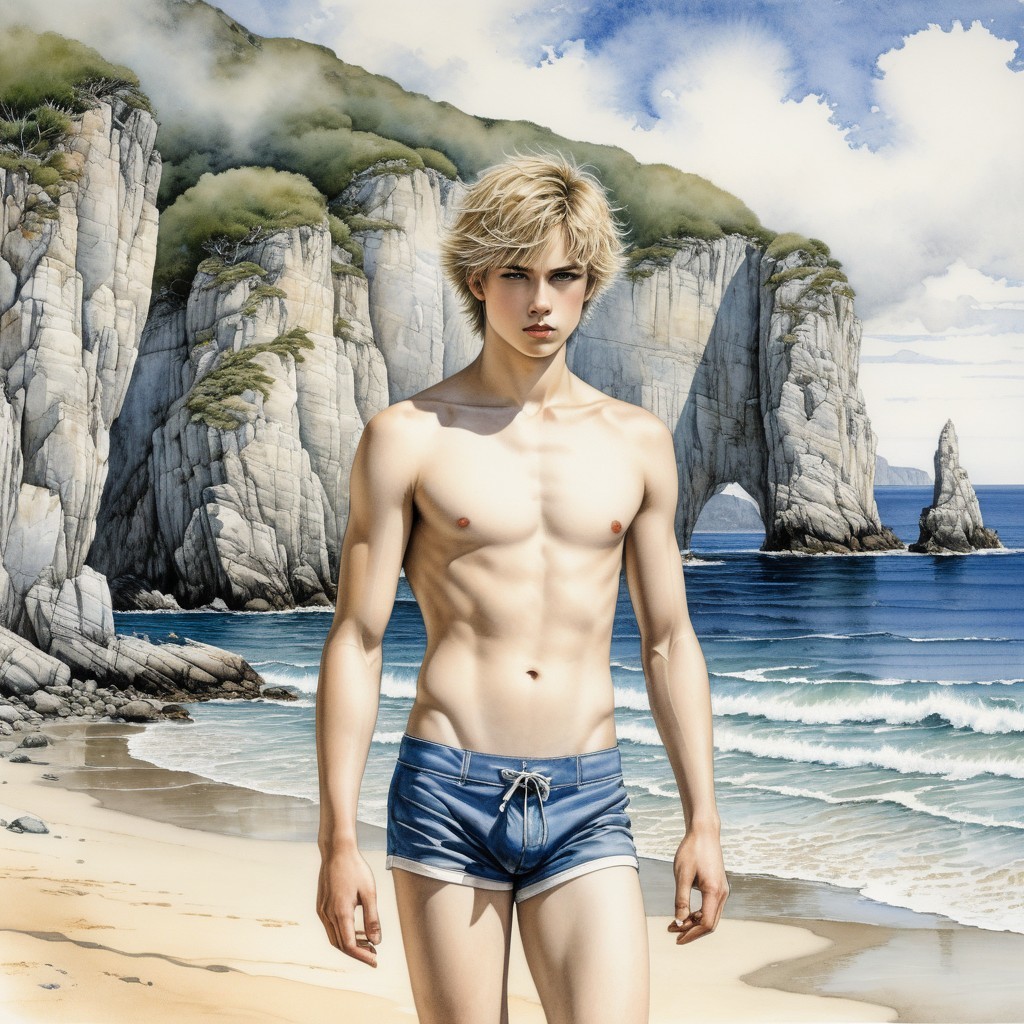 Young man on beach with cliffs and blue ocean