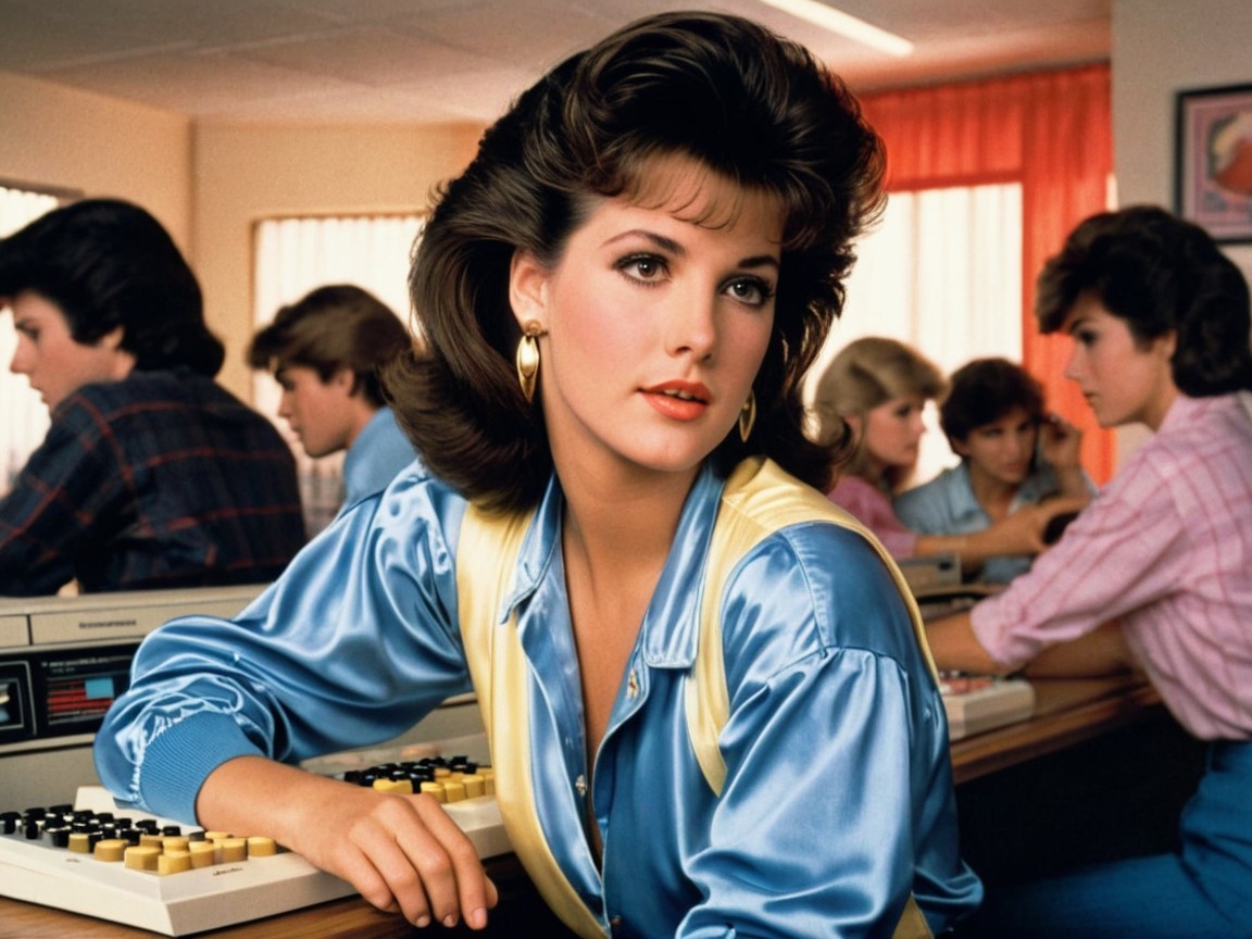 Woman in Blue Blouse at Vibrant Office Setting