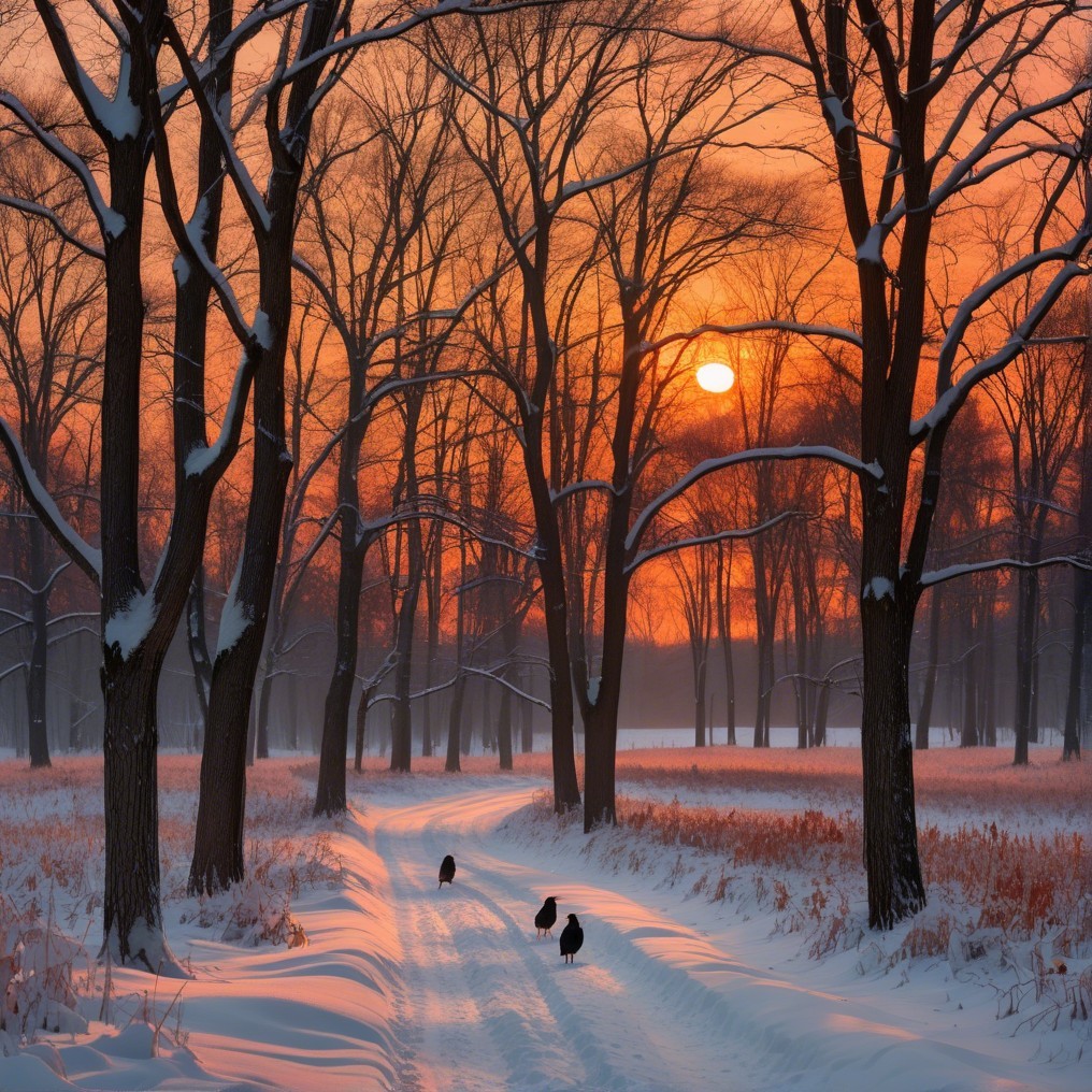 Serene winter landscape with sunset and snowy path
