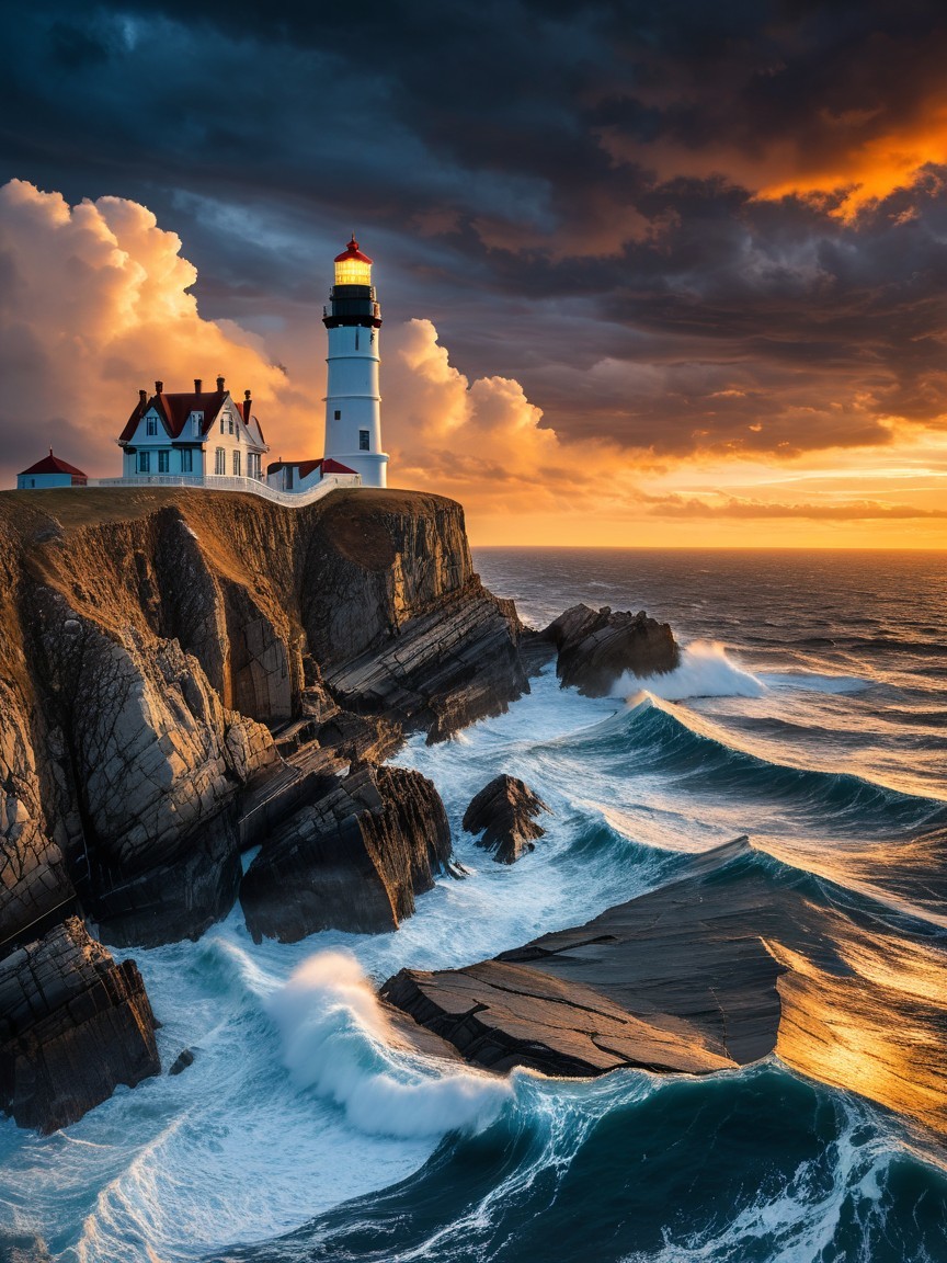 Lighthouse on Cliffs Amidst Twilight and Waves