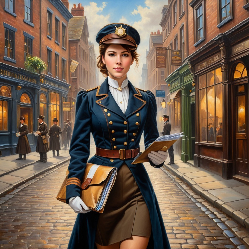 Vintage Postal Uniform in Cobblestone Street Scene