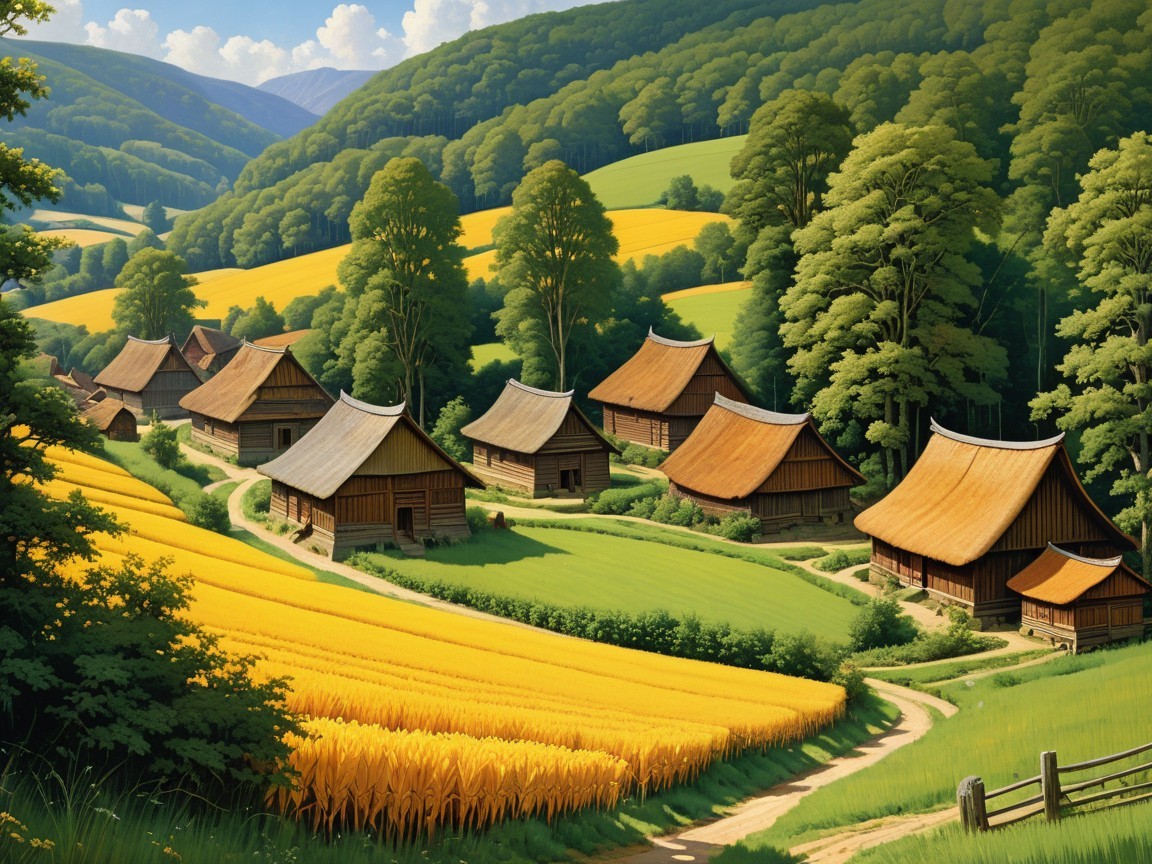 Quaint Wooden Houses in a Serene Rural Landscape