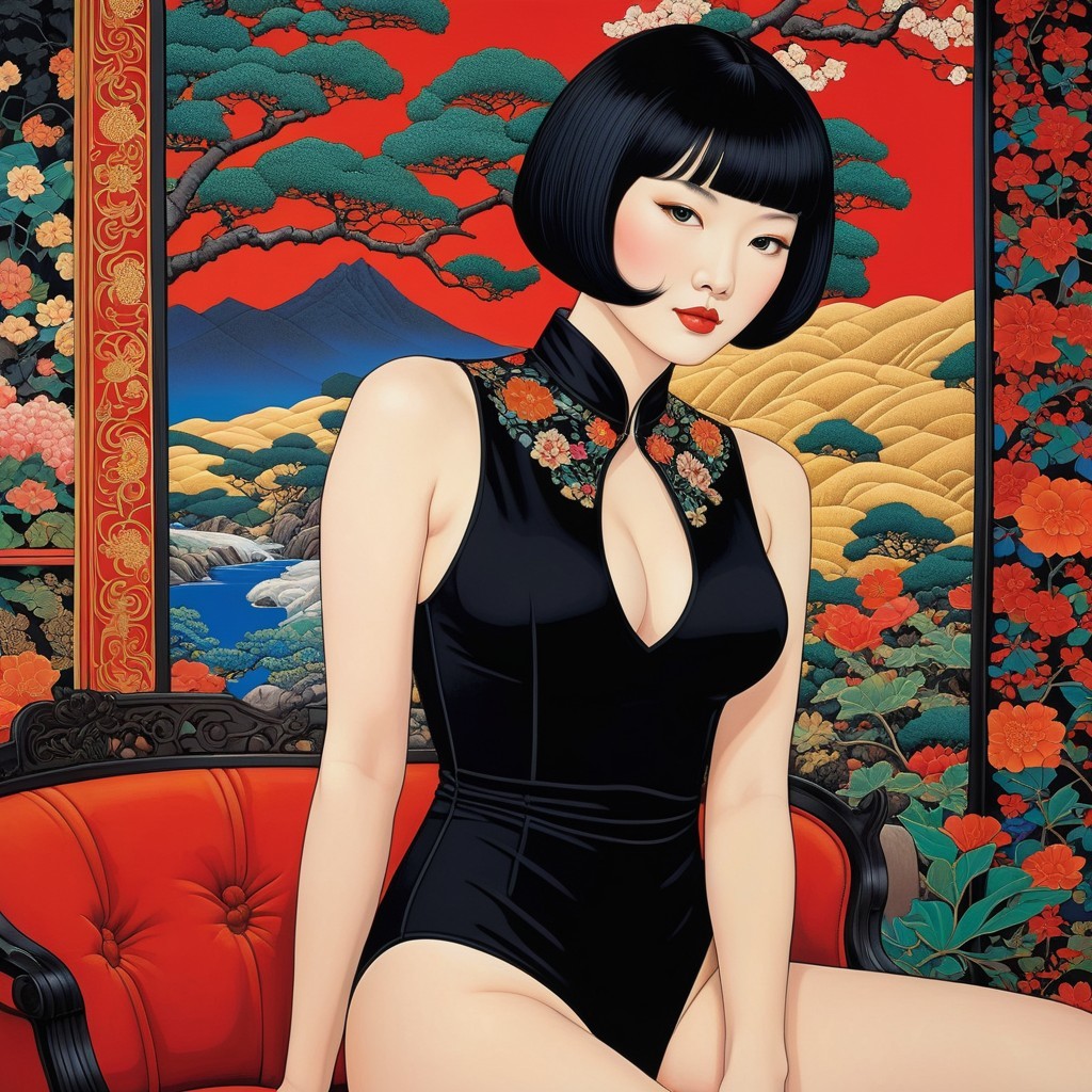Black One-Piece with Floral Embroidery and Tapestry背景