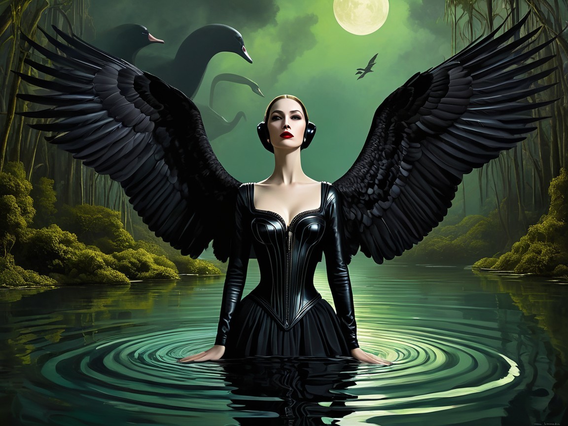 Majestic figure with black wings in moonlit water