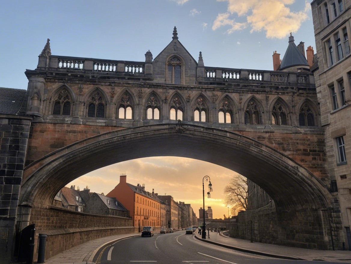 Gothic Stone Bridge Over Tranquil Street at Sunset