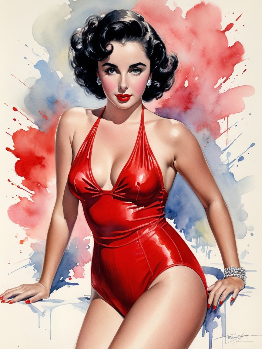 Glamorous Woman in Retro Red Swimsuit with Watercolor Background