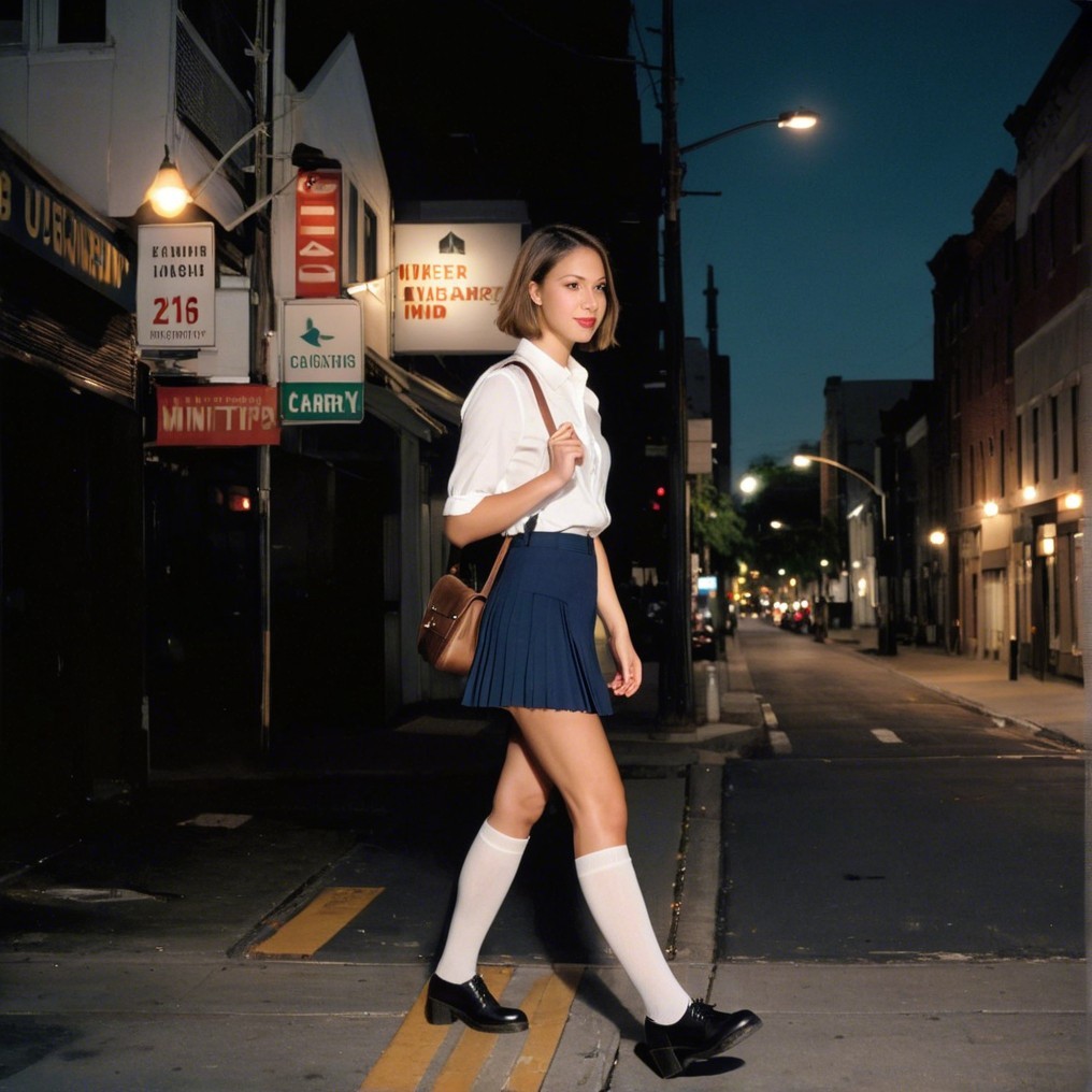 Young woman in chic outfit on twilight city street