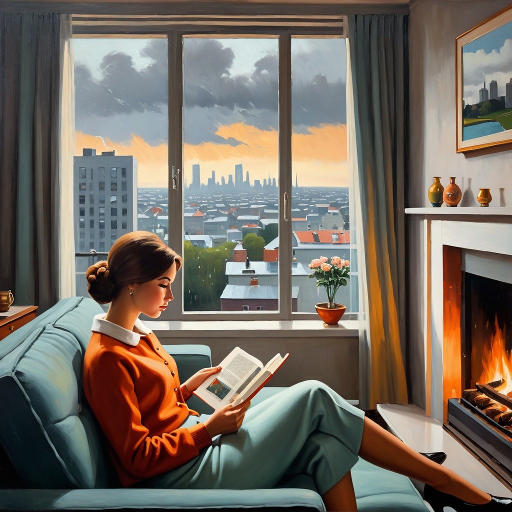Woman Reading by Window with Cityscape View