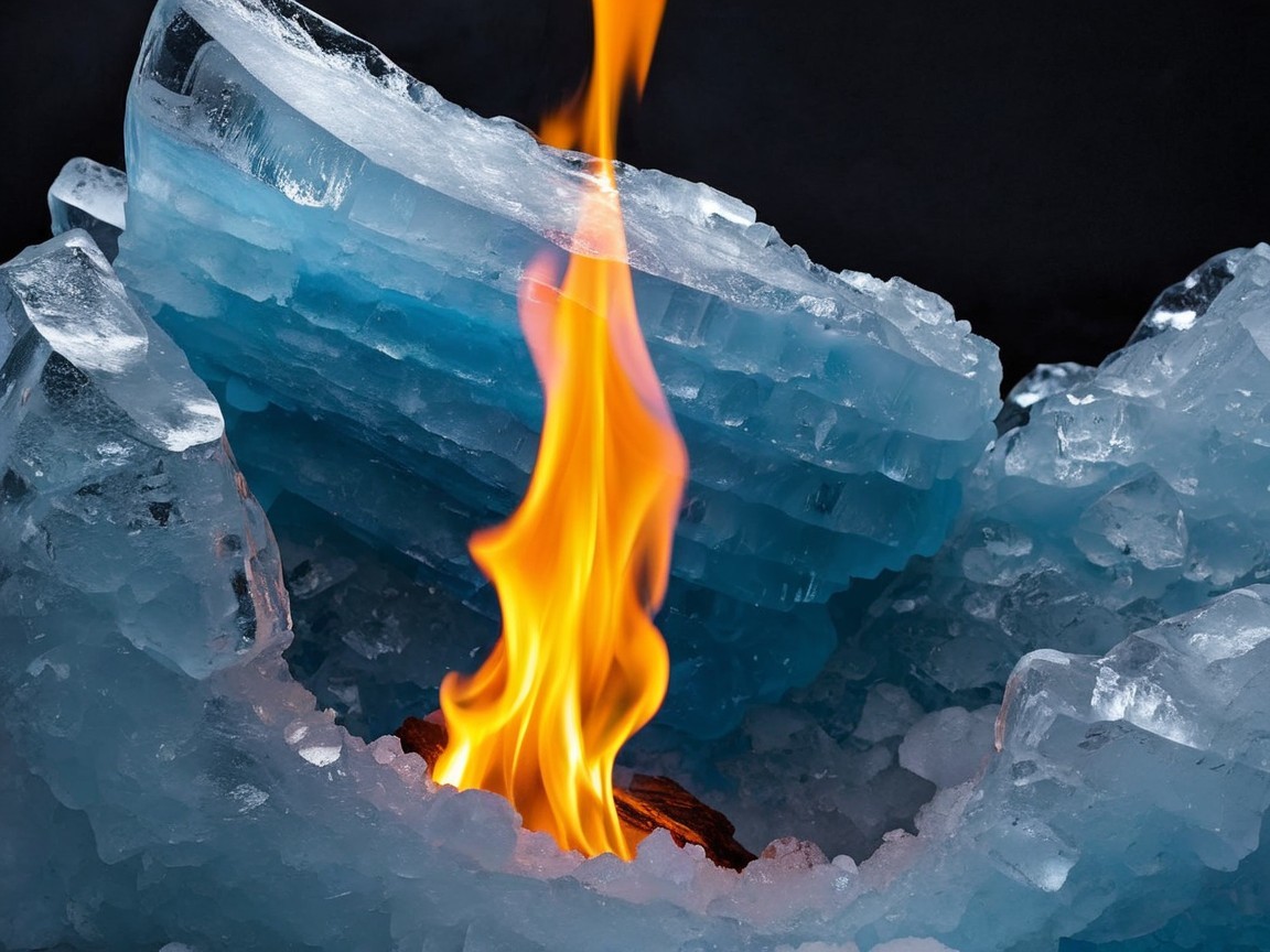 Bright Flame Among Textured Ice Shards in Darkness