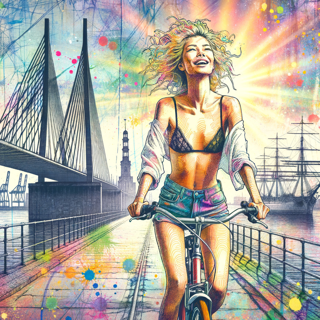 Joyful Young Woman Cycling by Colorful Waterfront