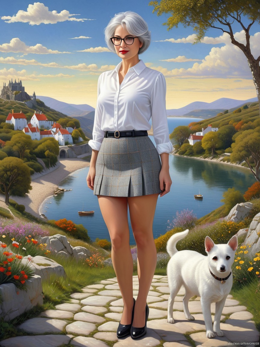 Fashionable Woman by Serene River with Dog and Mountains