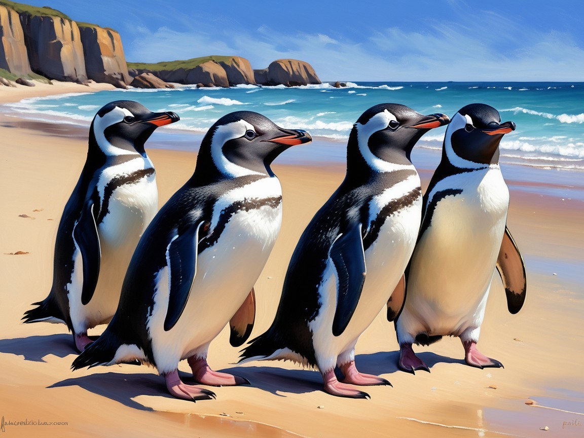 Penguins Walking on a Sandy Beach with Cliffs