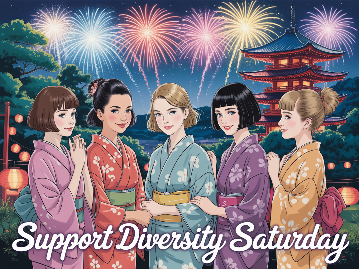 Five Women in Kimonos Under Fireworks Display