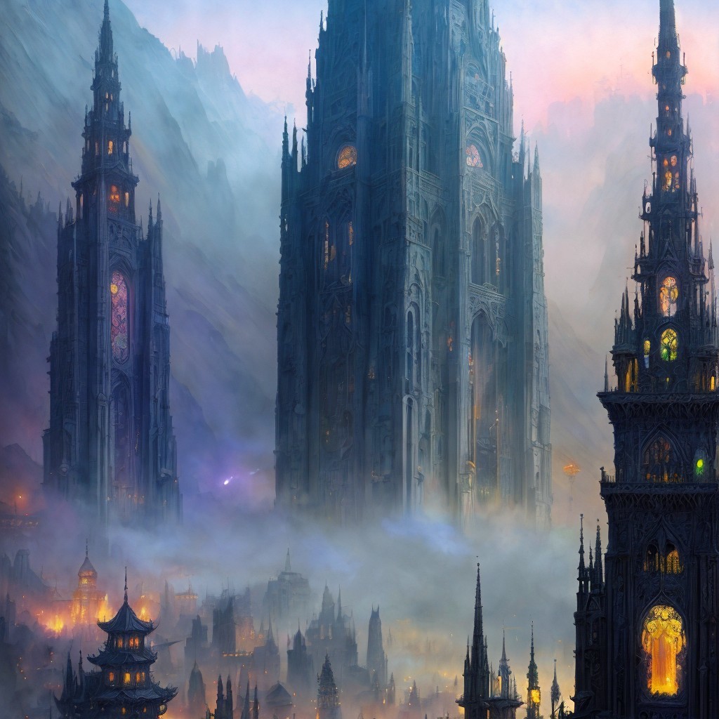Fantasy Landscape with Gothic Spires and Mist