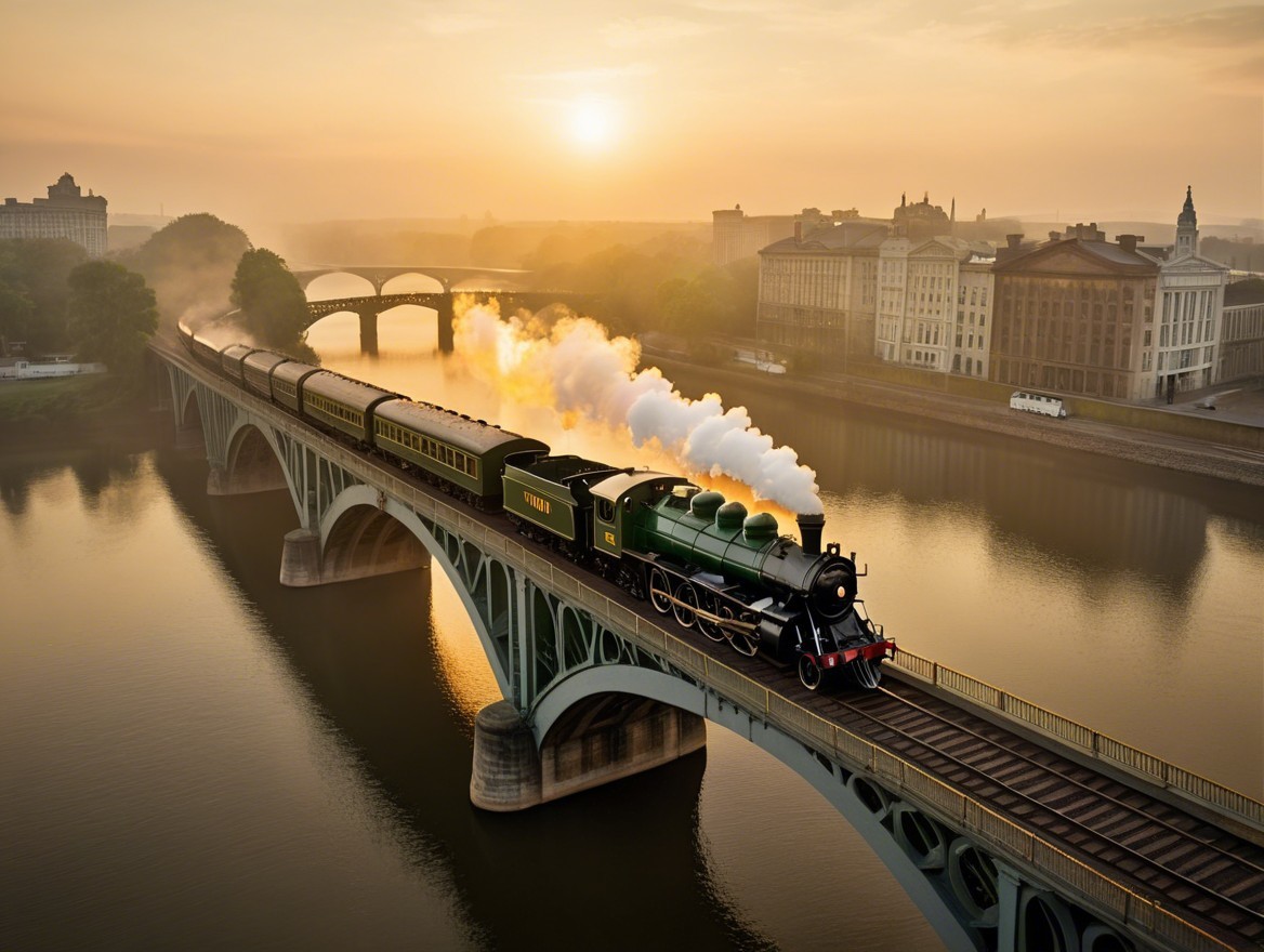 Vintage steam locomotive crossing a bridge at sunset