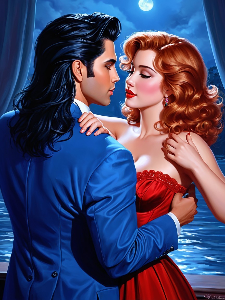 Elegant Romantic Scene Under Moonlight by Water
