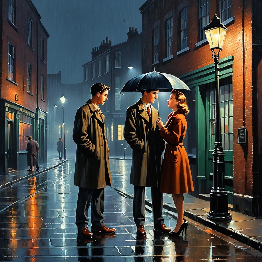 Nostalgic cityscape with men and woman under umbrella