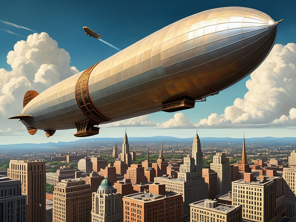 Majestic airship over city skyline with skyscrapers