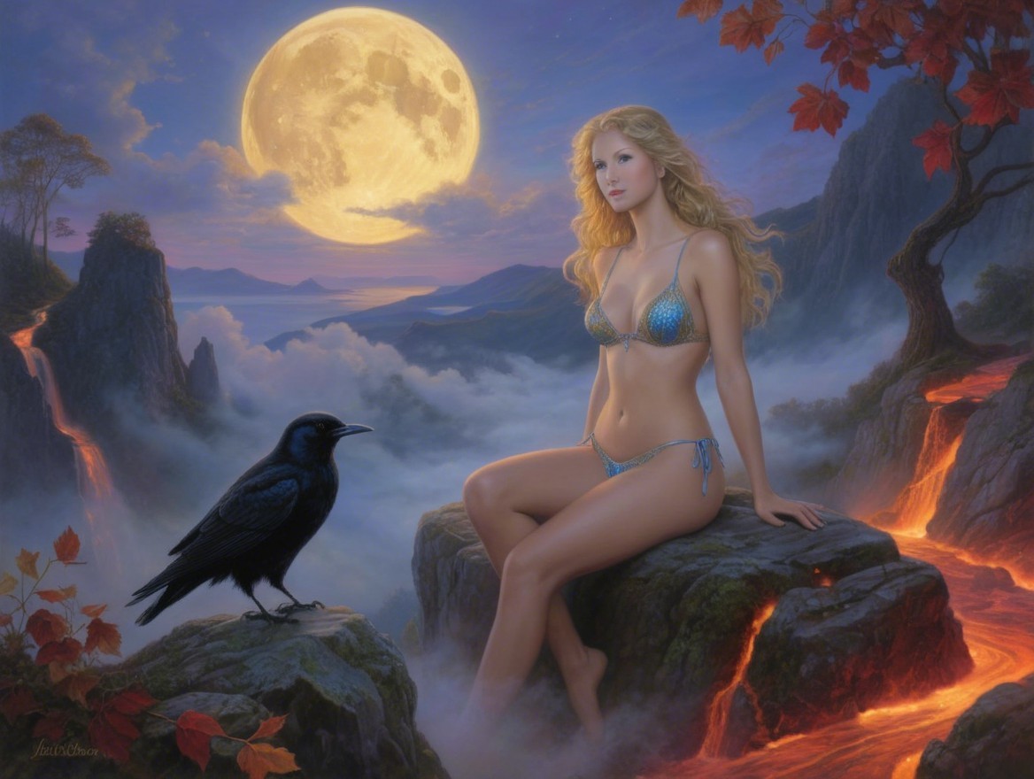 Mystical Landscape with Woman, Raven, and Glowing Moon