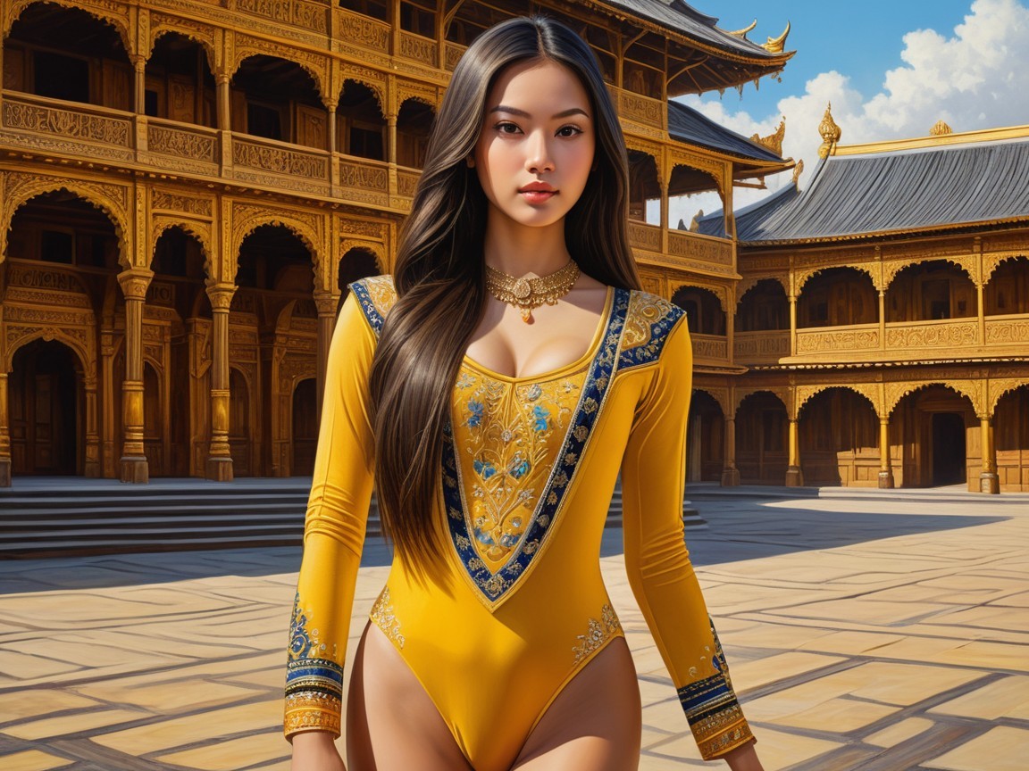 Young woman in yellow outfit with blue embroidery