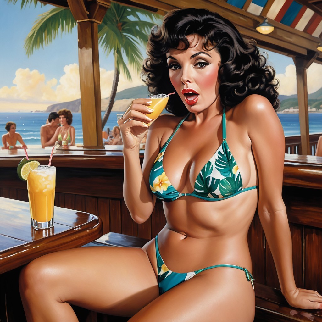 Glamorous Woman at Tropical Bar with Colorful Cocktail