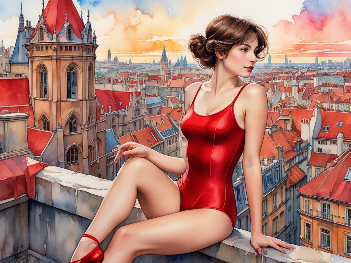 Young Woman in Red Swimsuit Overlooking Cityscape
