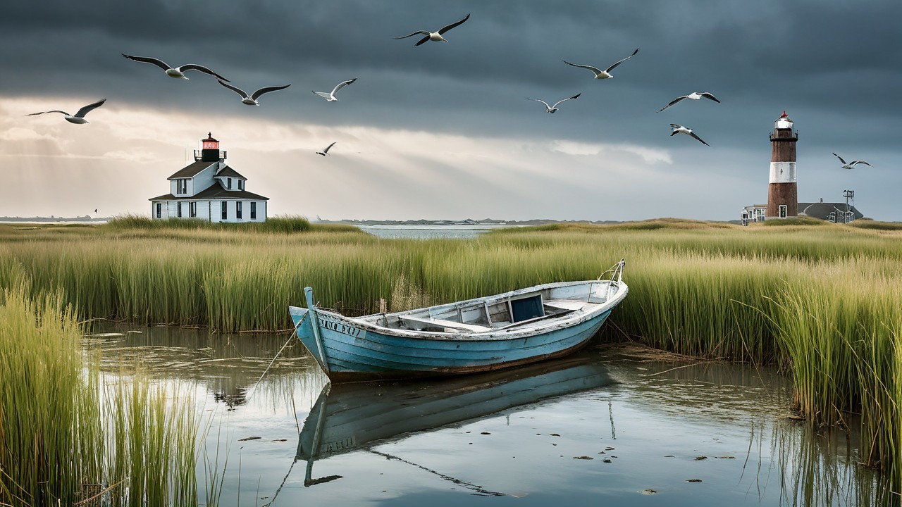 Coastal Scene with Blue Boat and Lighthouses