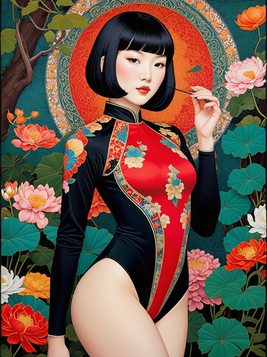 Woman in Floral Cheongsam Surrounded by Lotus Flowers