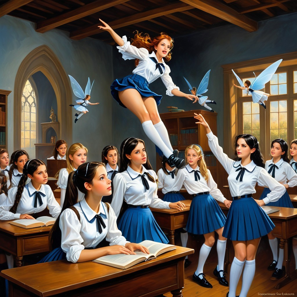 Young female students in classroom with floating girl and fairies