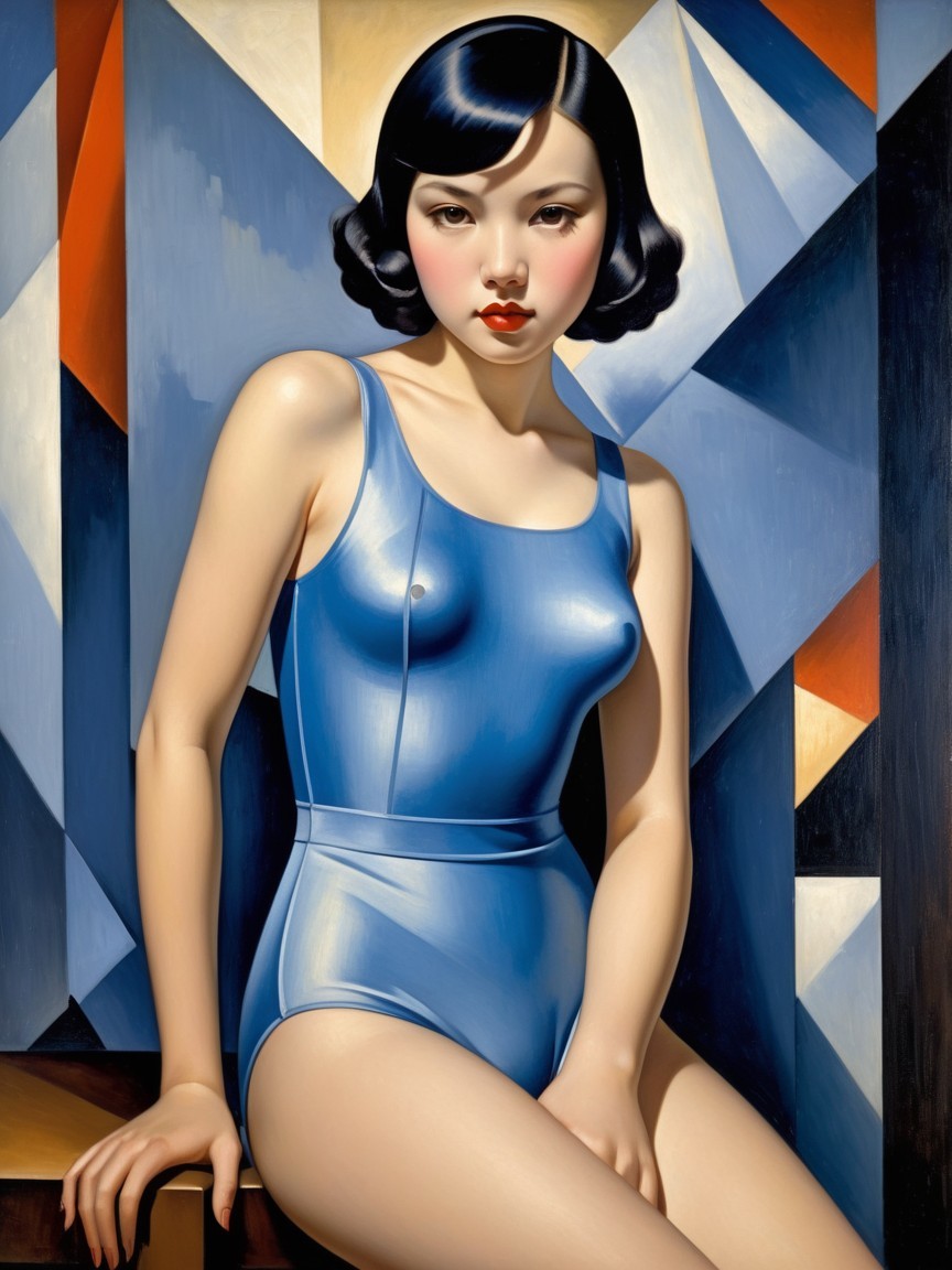 Glamorous Woman in Blue Swimsuit with Retro Background