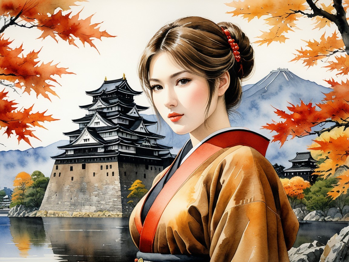 Traditional Japanese Castle in Autumn Landscape