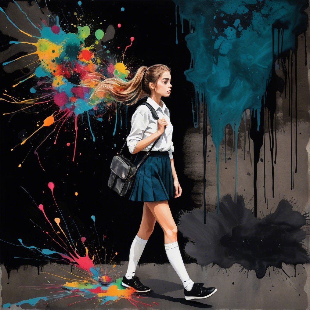 Young Girl in School Uniform with Colorful Backdrop