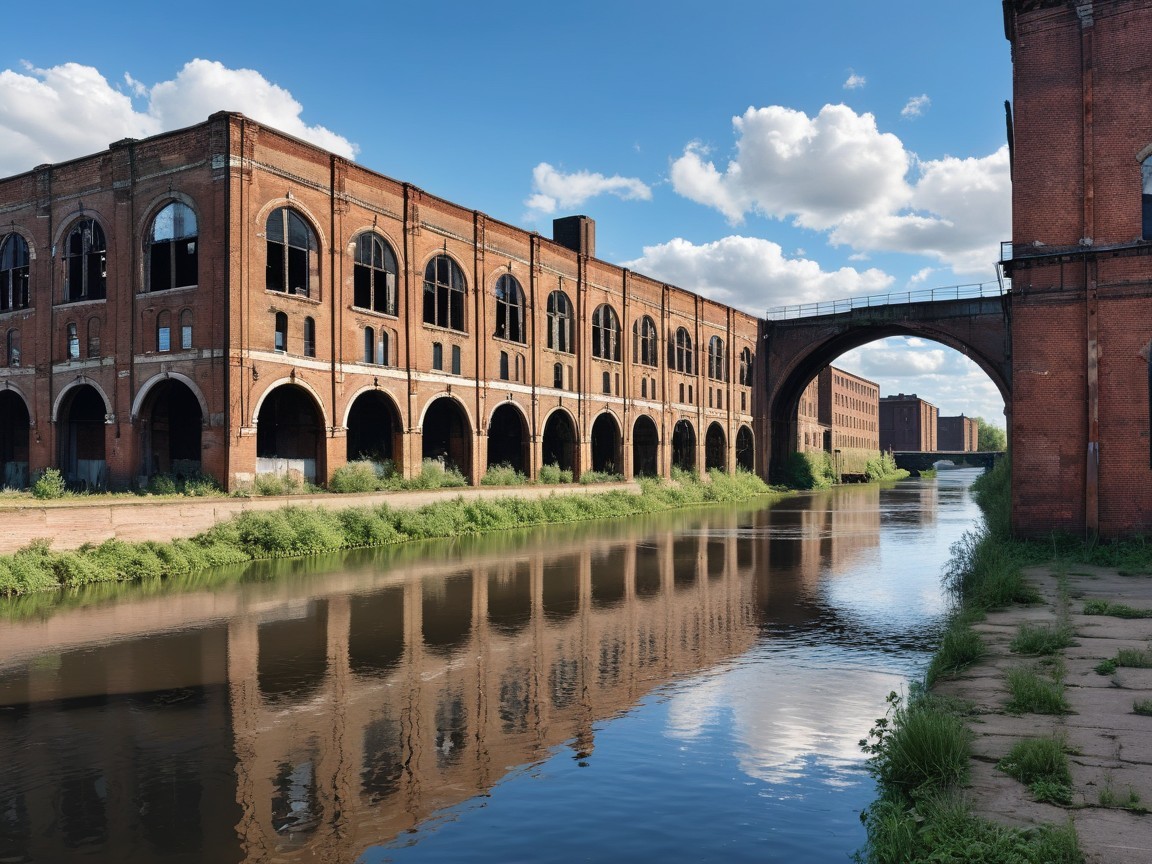 Canal Reflecting Industrial Architecture and Greenery