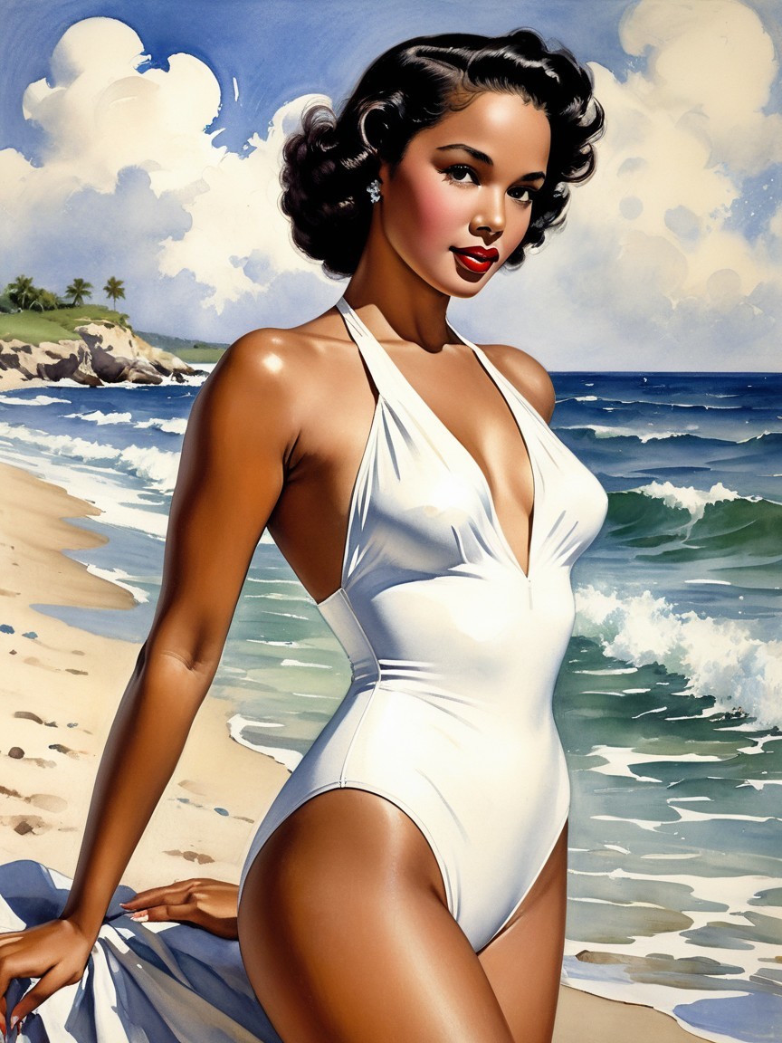 Vintage Illustration of Woman in Swimsuit at Beach