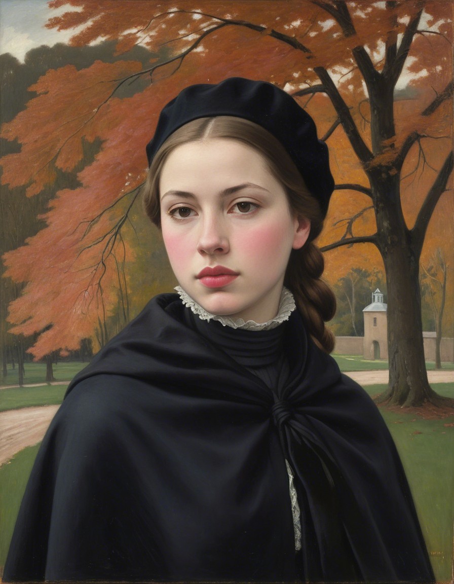 Young woman in dark cloak in autumn landscape