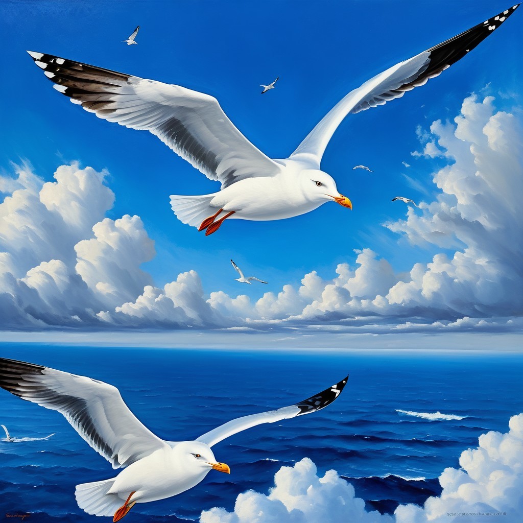 Vibrant Sky with Seagulls Over Calm Ocean Scene
