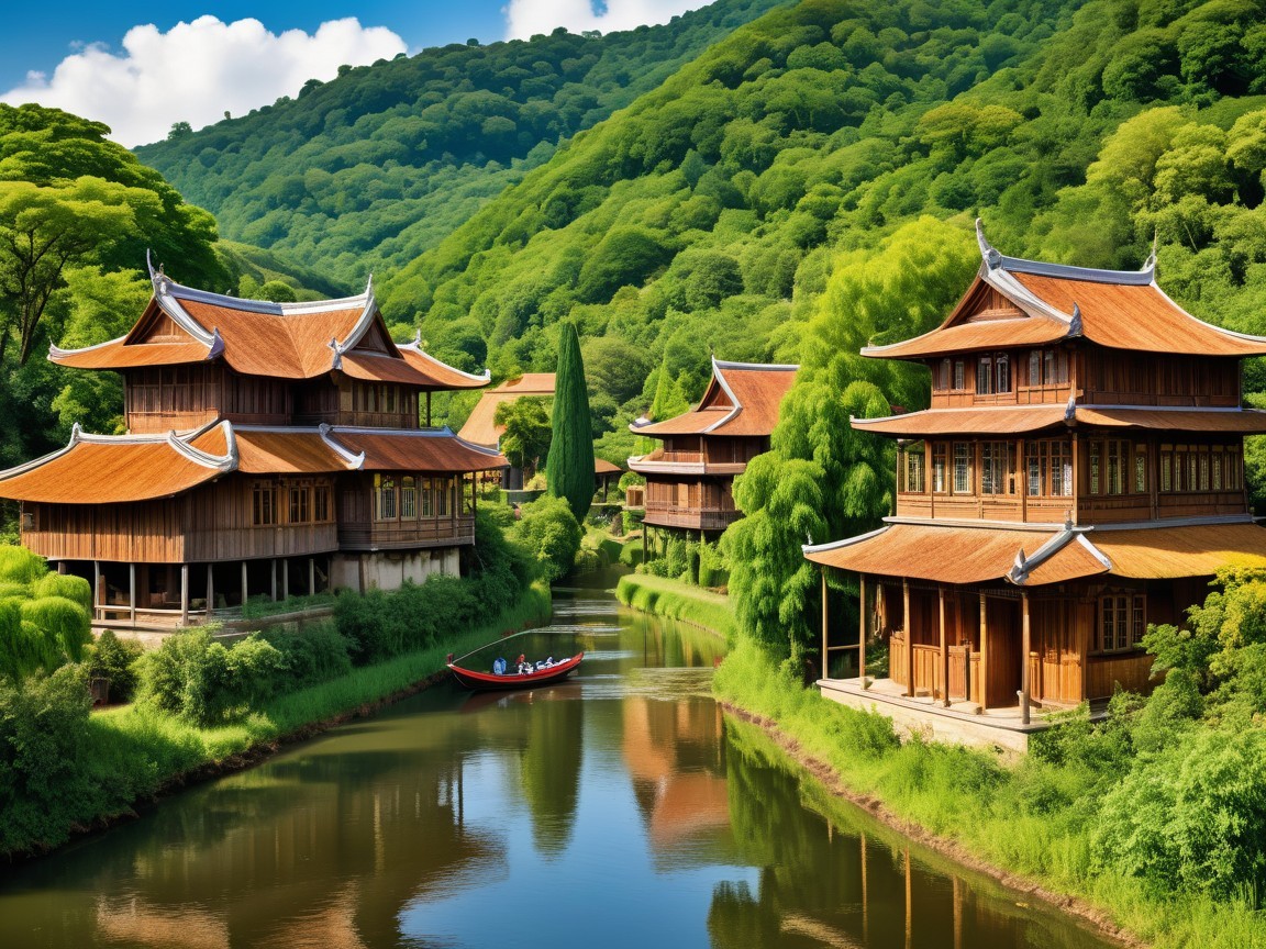 Serene Asian Landscape with Traditional Architecture