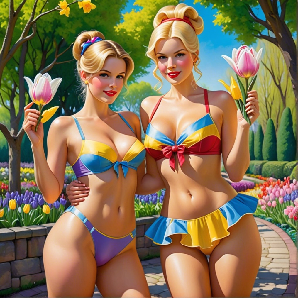Young Women in Colorful Swimsuits in Blooming Garden