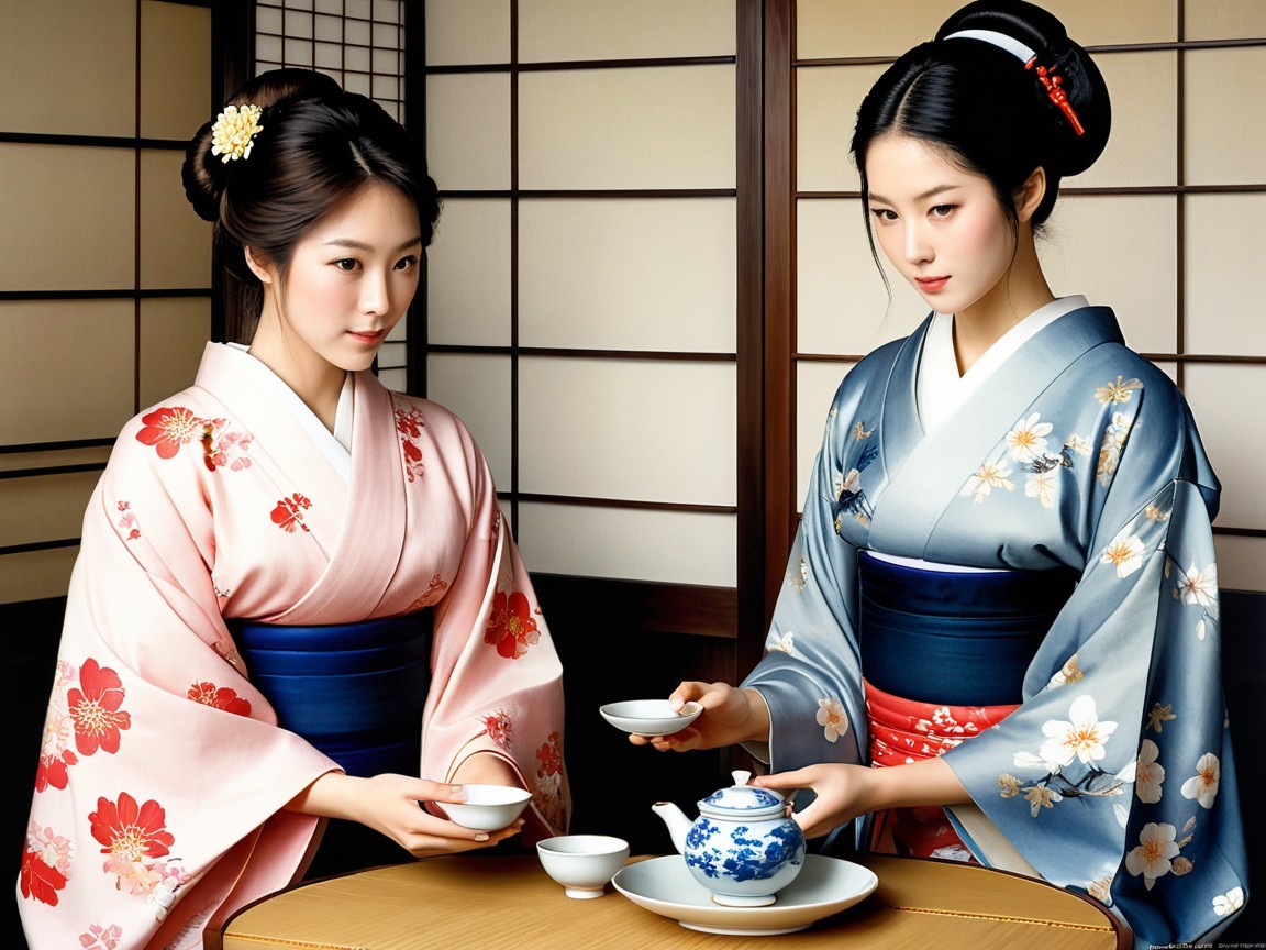 Elegant Women in Kimonos at a Tea Ceremony