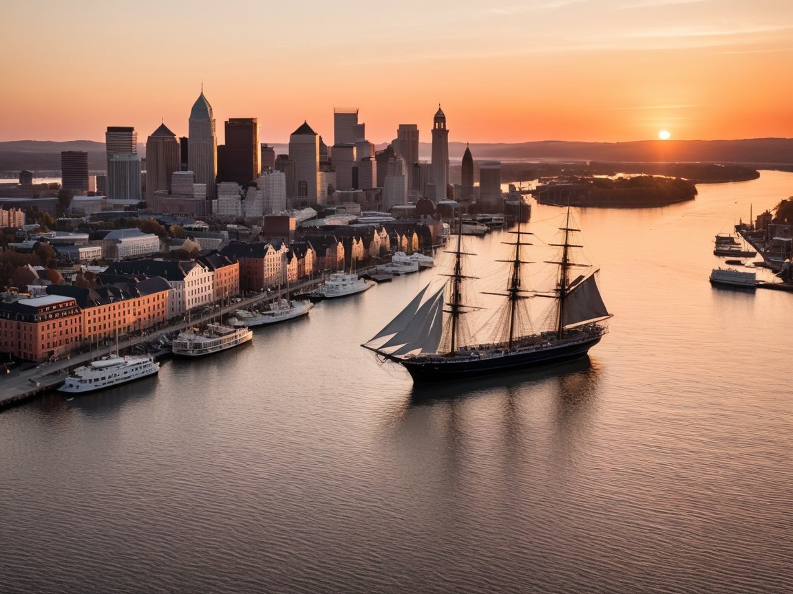 Tall Ship Sailing at Sunset with City Skyline