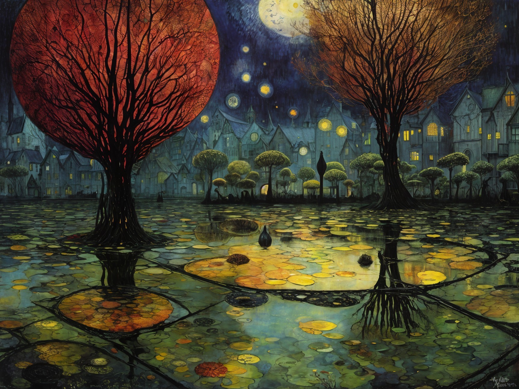 Surreal Twilight Scene with Red Orbs and Tranquil Pond