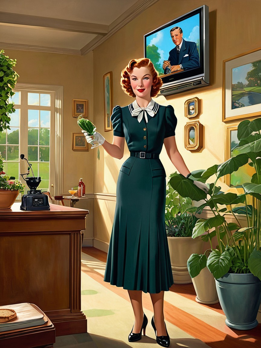 Vintage Scene of Woman in Green Dress with Cucumber