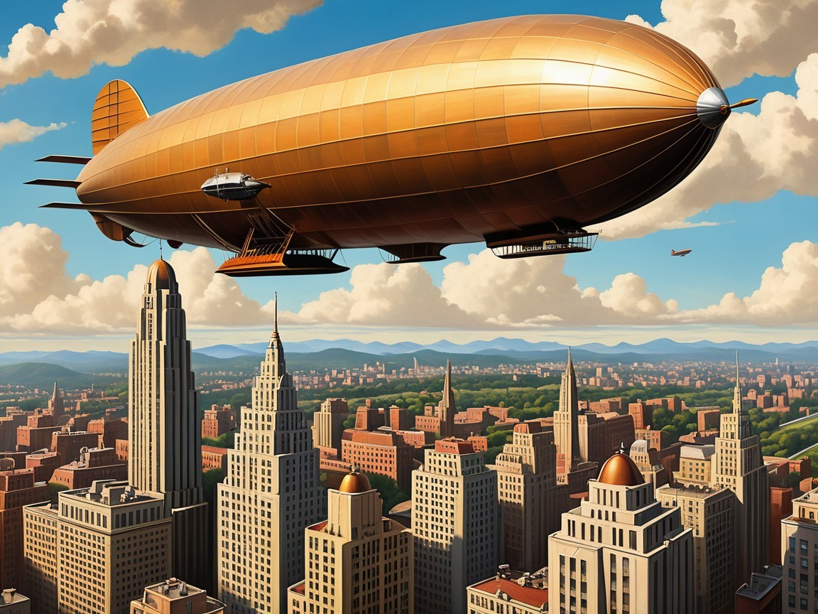 Golden Zeppelin Over Cityscape with Mountains and Clouds