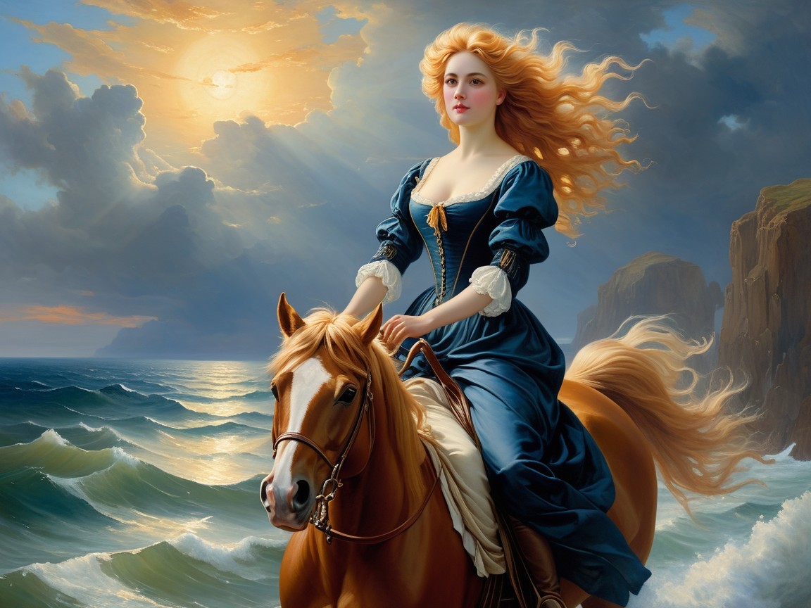 Young Woman on Chestnut Horse by Tumultuous Shoreline