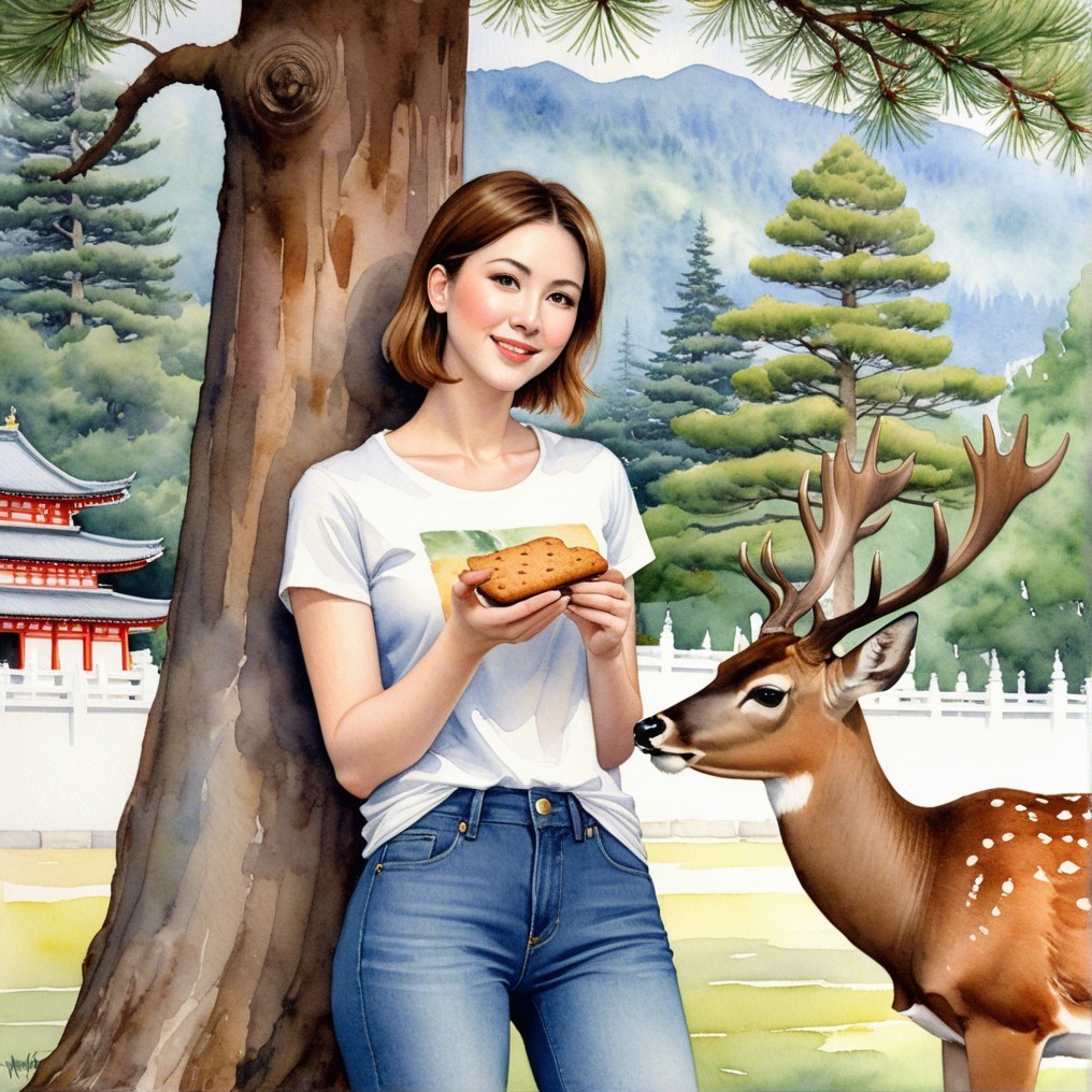Serene outdoor scene with a woman and a deer